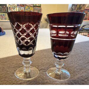 CZECH BOHEMIAN Ruby Red Crystal Pair PORT WINE SHOT GLASSES